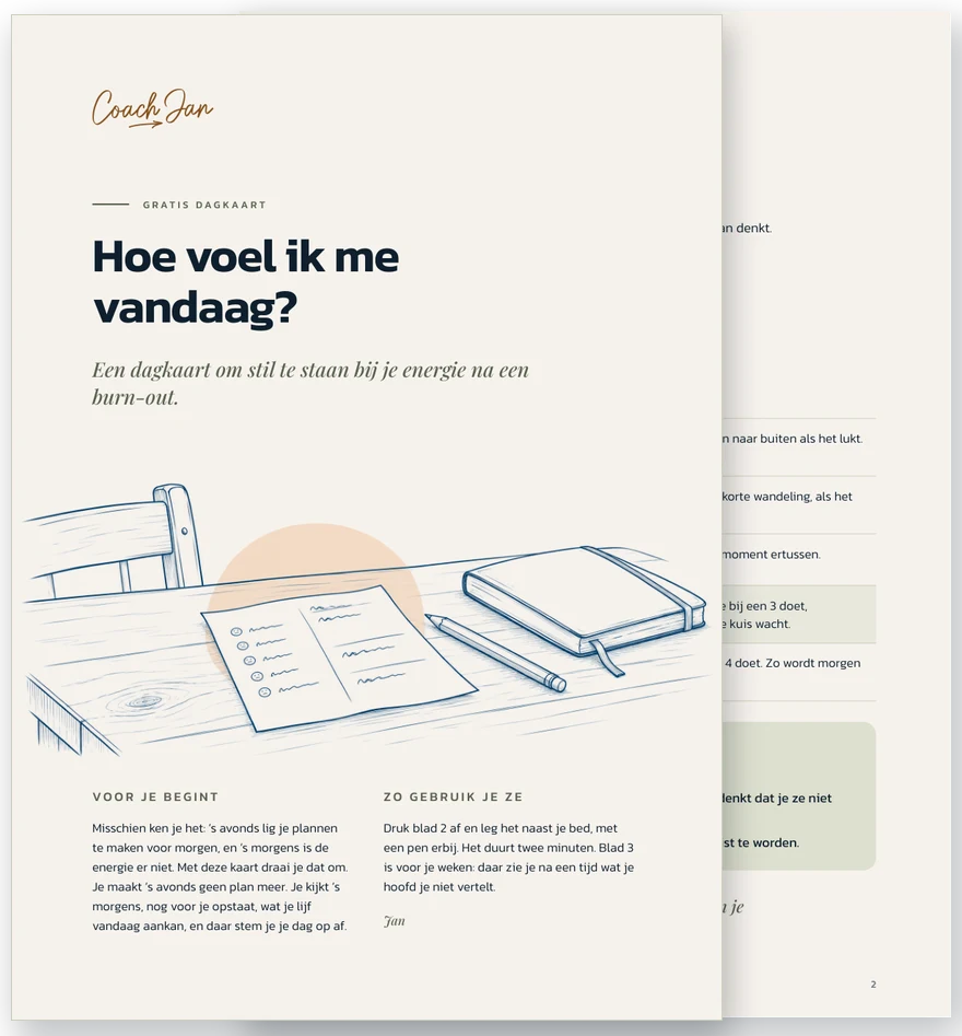 De kaft van de dagkaart Hoe voel ik me vandaag?, met een tekening van een blad met vijf cijfers, een potlood en een schrift op een tafel, en daarachter de kaart zelf.
