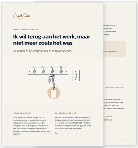 De kaft van het gratis werkblad Ik wil terug aan het werk, maar niet meer zoals het was, met daarachter een blad van het werkblad.